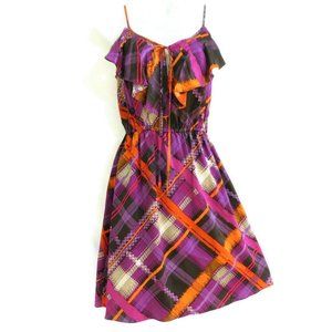 Dress Ruffle A Line Strappy Purple Orange Keyhole V-Neck Knee Abstract Plaid